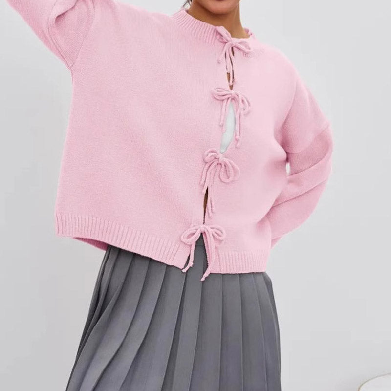 Round Neck Tie Front Long Sleeve Cardigan