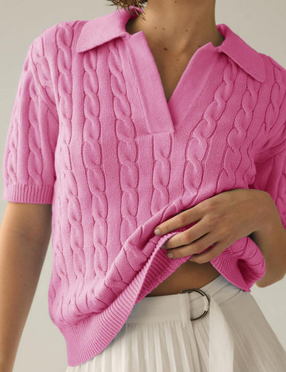 Lapel V-Neck Twist Short Sleeves Knit Tops