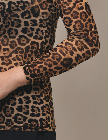 Leopard Print HIgh Collar Slim Fit Sexy Mesh Top