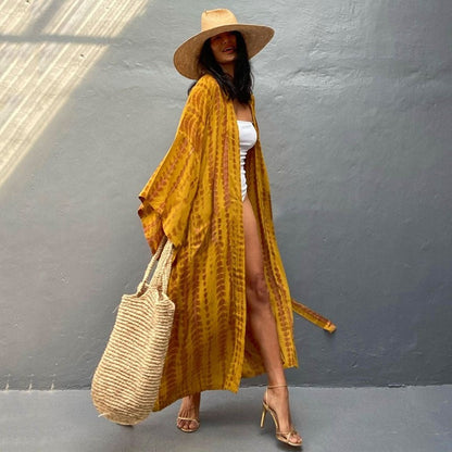 Long Sleeve Printing Waist Tied Casual Loose Long Beach Bikini Cardigan Cover-Up