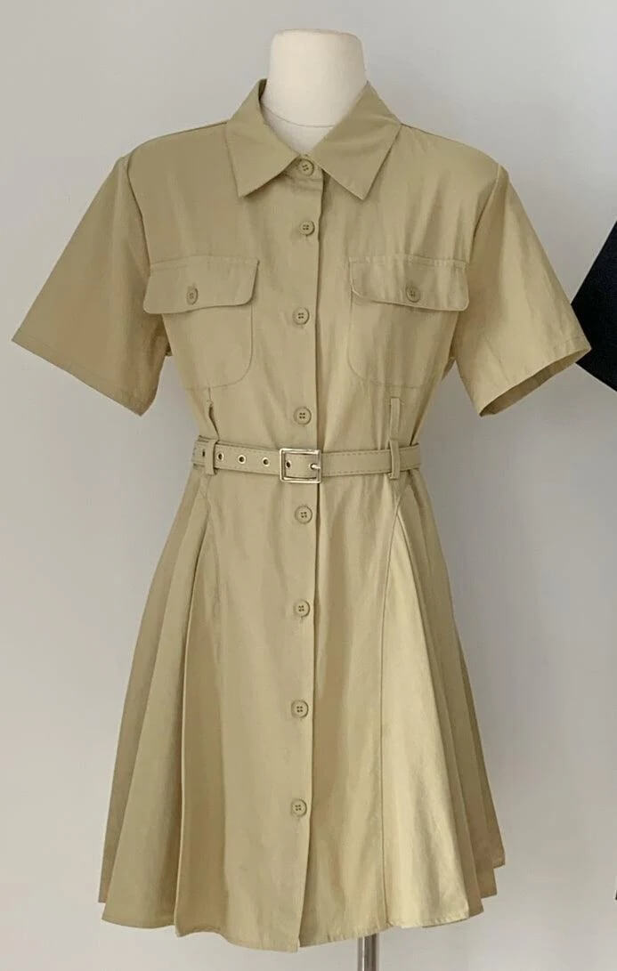 Lapel Button Waist Tie Mini Dress