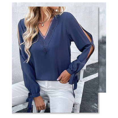 Long Sleeves V-Neck Solid Color Hollow Blouse Top