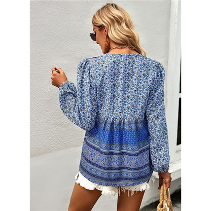 Long Sleeves V-Neck Printing Boho Blouse Top