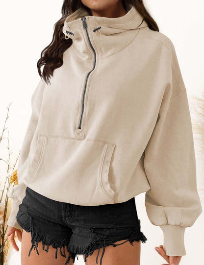 Casual Half Zip Drawstring High Neck Hoodie
