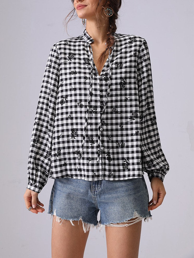 Plaid Color Block Floral String Shirt