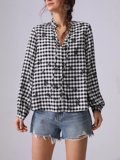 Plaid Color Block Floral String Shirt