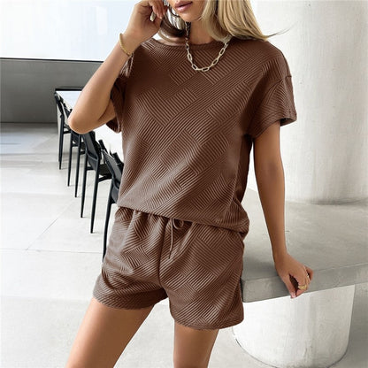 Casual Two-Piece Set- Solid Color Round Neck Top And Shorts