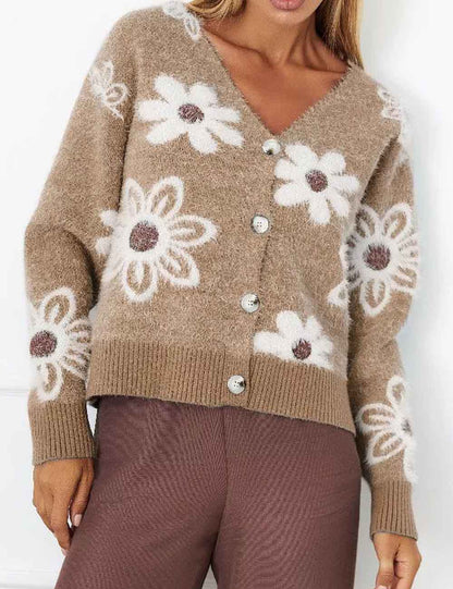 Jacquard V-Neck Button Down Cropped Knit Cardigan