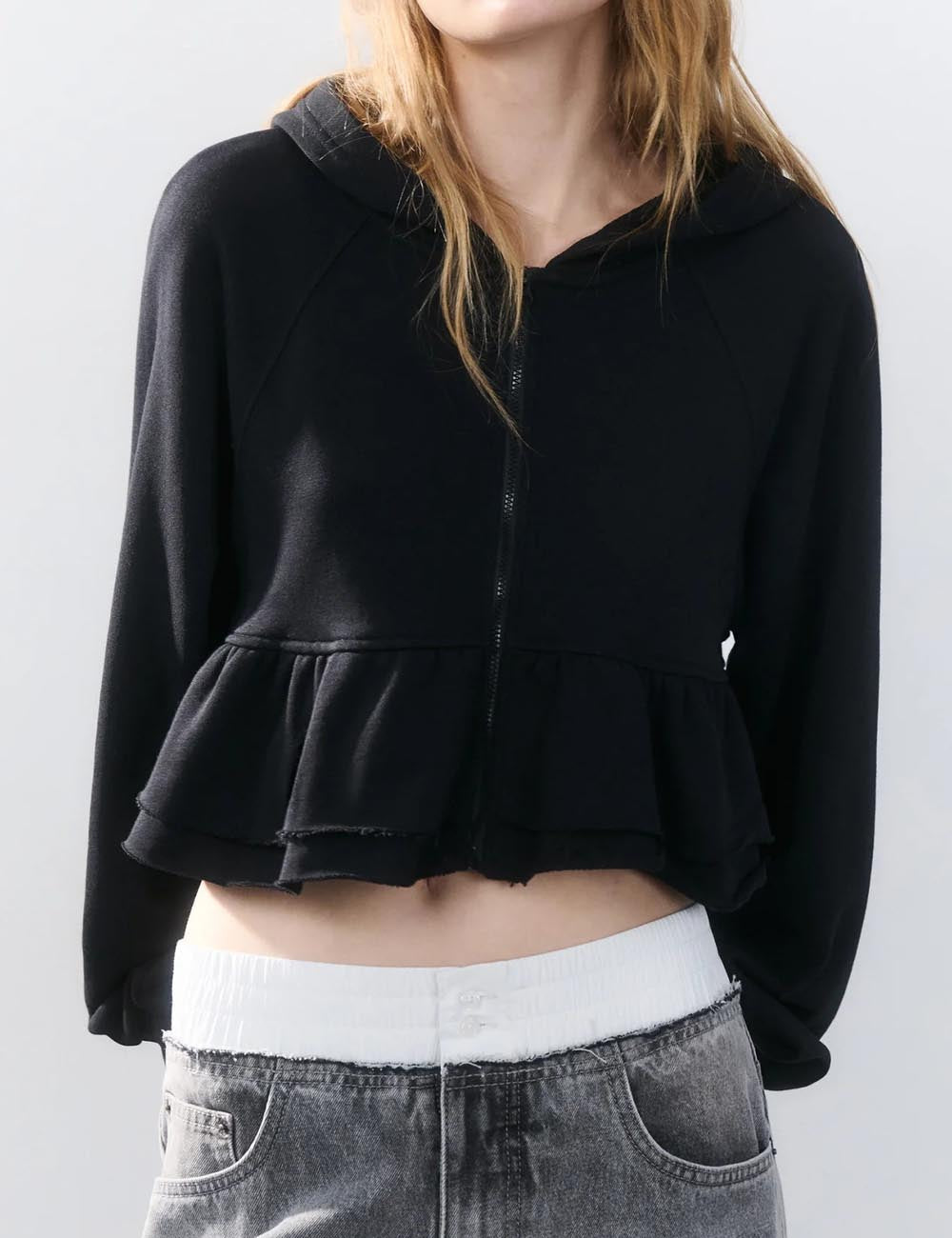 Solid Color Ruffle Trim Zip-Up Hoodie Sweatshirt