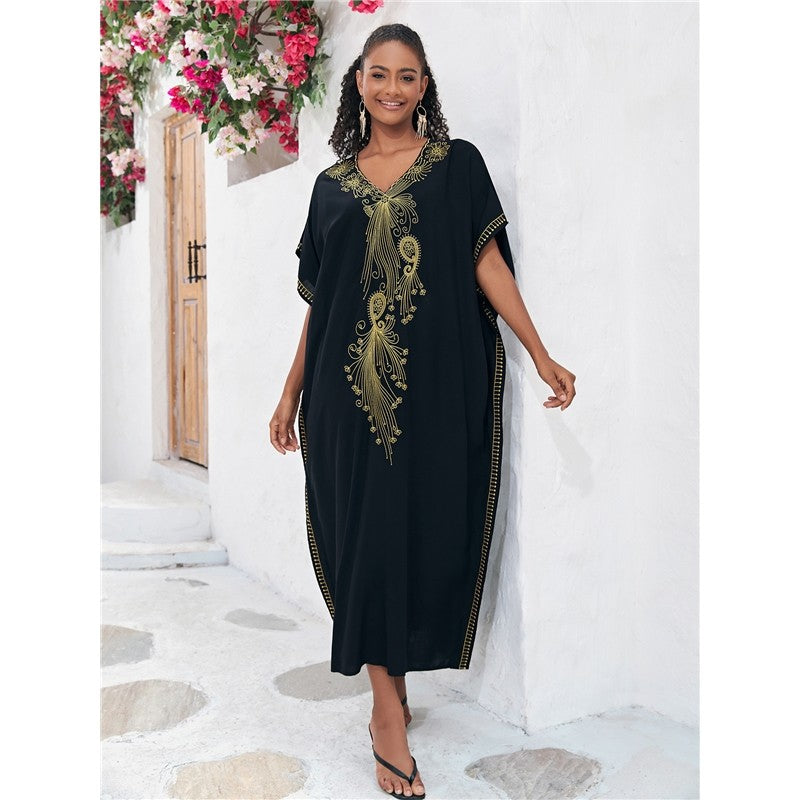 Half-Sleeve V-Neck Embroidered Beach Cover-Up
