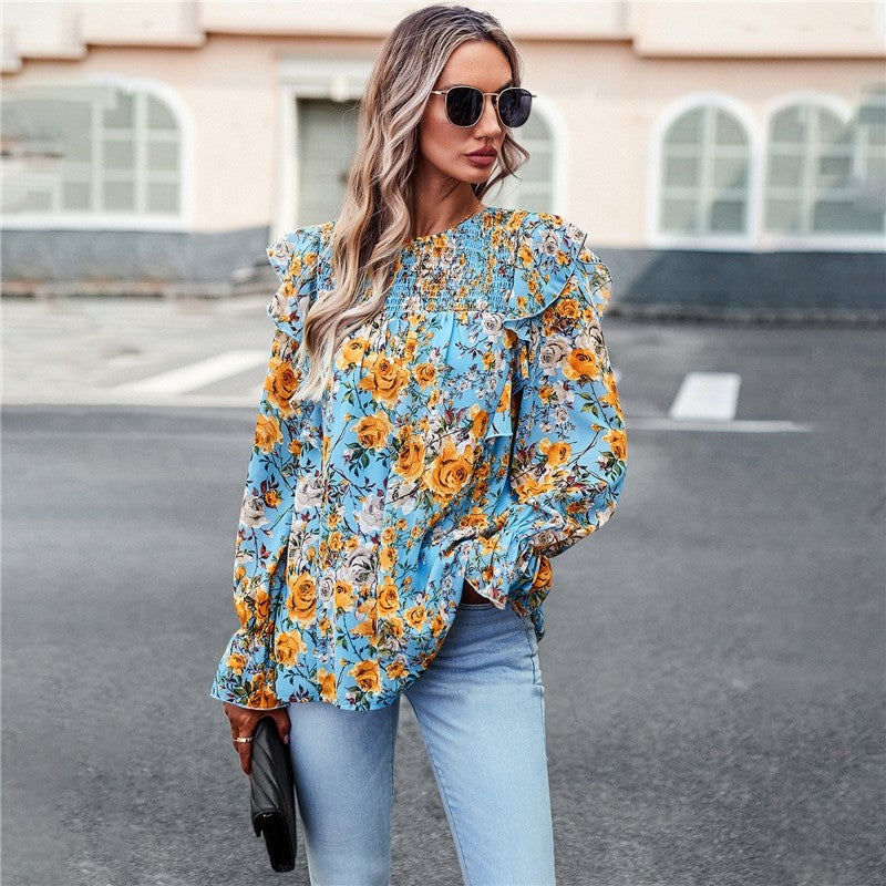 Crewneck Long Sleeves Floral Printed Casual Loose Blouse Top