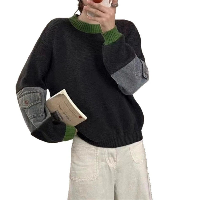 Denim Patchwork Pullover Sweater