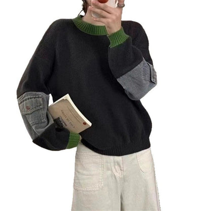 Denim Patchwork Pullover Sweater