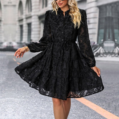 Ladies Lace Stand Collar Long Sleeve Shirt Dress