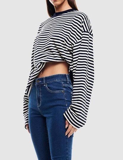 Round Neck Striped Long Sleeve Loose Shirt