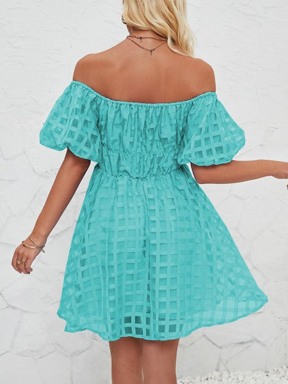 Off Shoulder Puff Sleeves Pleated Mini Dress