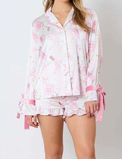 2 Pcs Cute Flower Print Satin Ruffled Pajamas Set