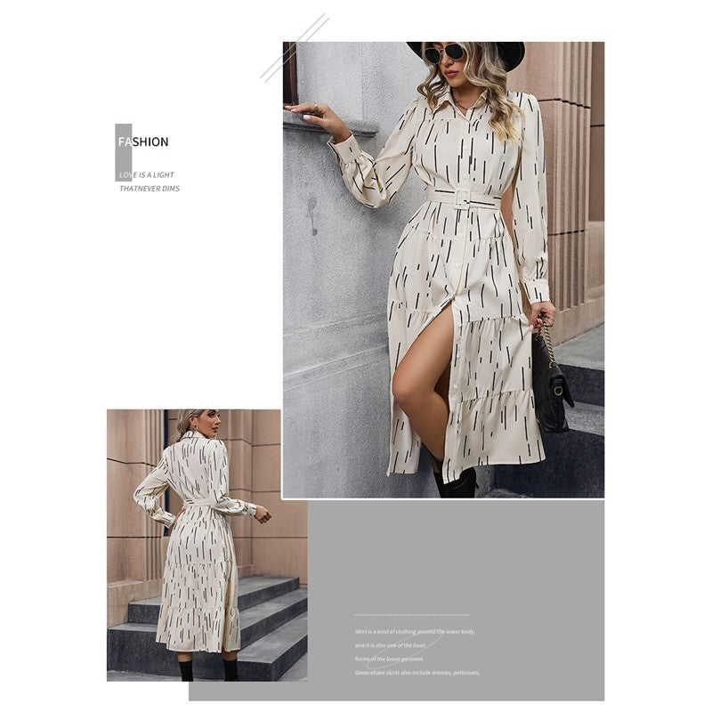 Long Sleeves Lapel Buttoned Belted Printing Shirt Midi Dress