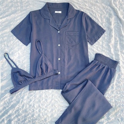 Solid Color Short Sleeve Cardigan Home Wear Three-Piece Set