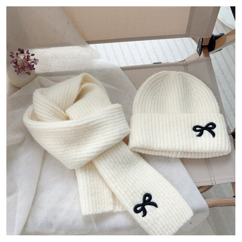 Kids Knit Bow Embroidered Hat Scarf Set