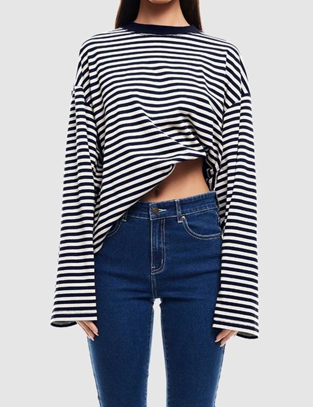 Round Neck Striped Long Sleeve Loose Shirt