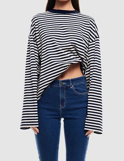 Round Neck Striped Long Sleeve Loose Shirt