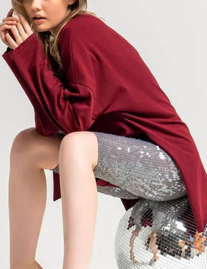 Solid Color Loose Side Split Knit Tops