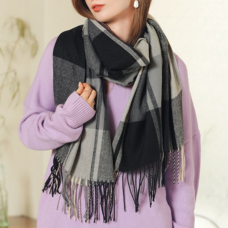Soft Warm Fringed Plaid Scarf