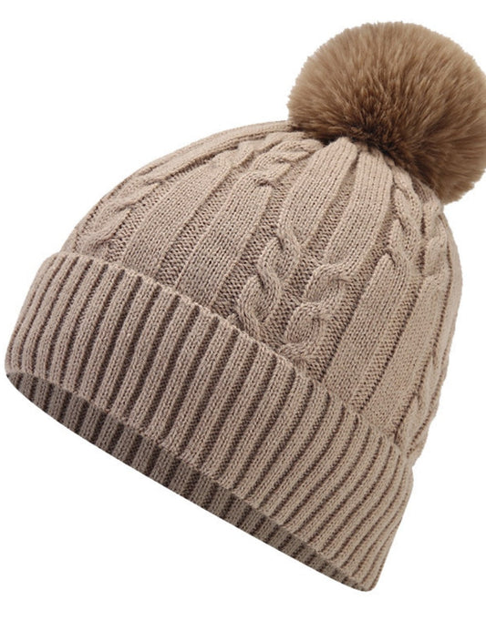 Twist Padded Solid Color Knit Pom Beanie