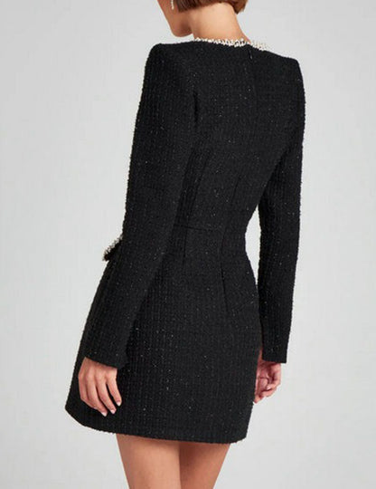 U-Neck Elegant Pearl Tweed Mini Dress