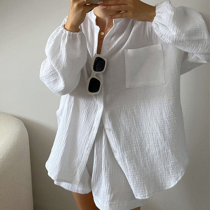 2 Pcs Casual Cardigan Shorts Lounge Pajamas Set