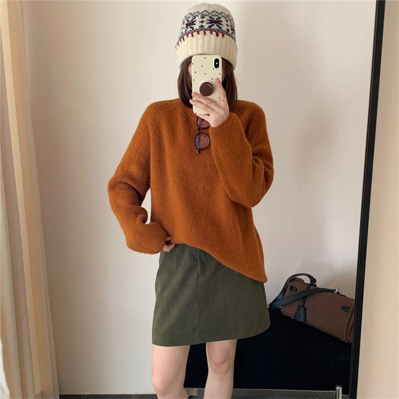 Rolled Edge Round Neck Pullover Sweater Women's Soft Loose Fit Knit Top