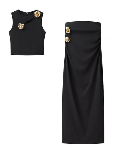 Two-Piece Fashion Rose Black Knitted Sets