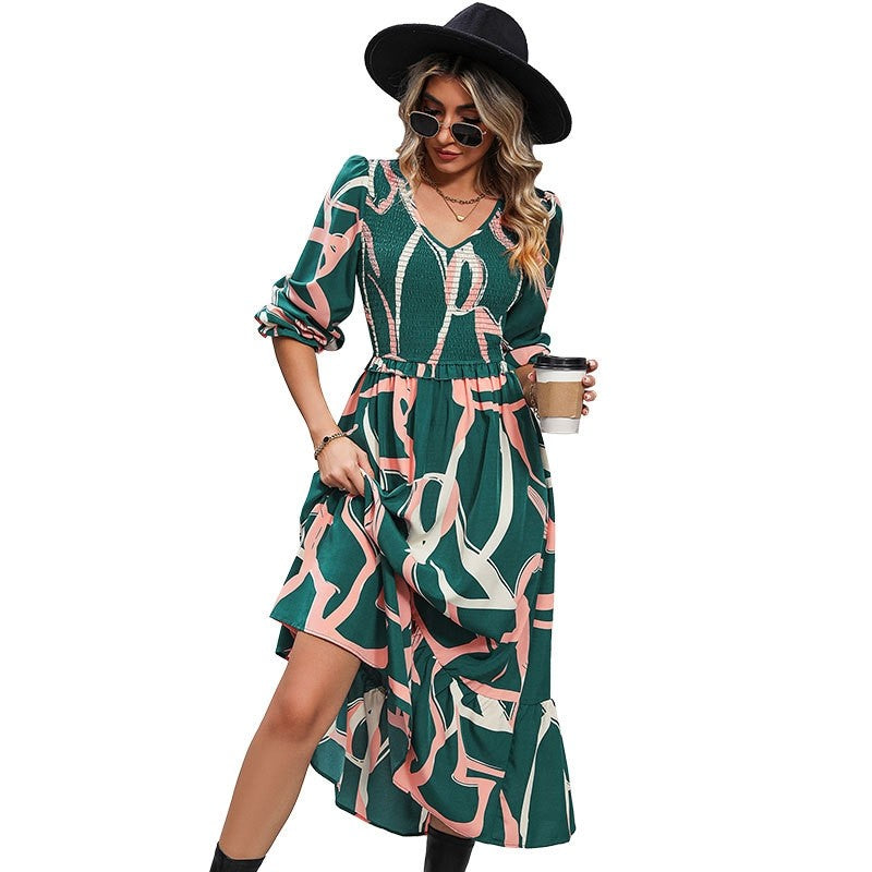 Ruffled V-Neck Printed Long-Sleeved Dress