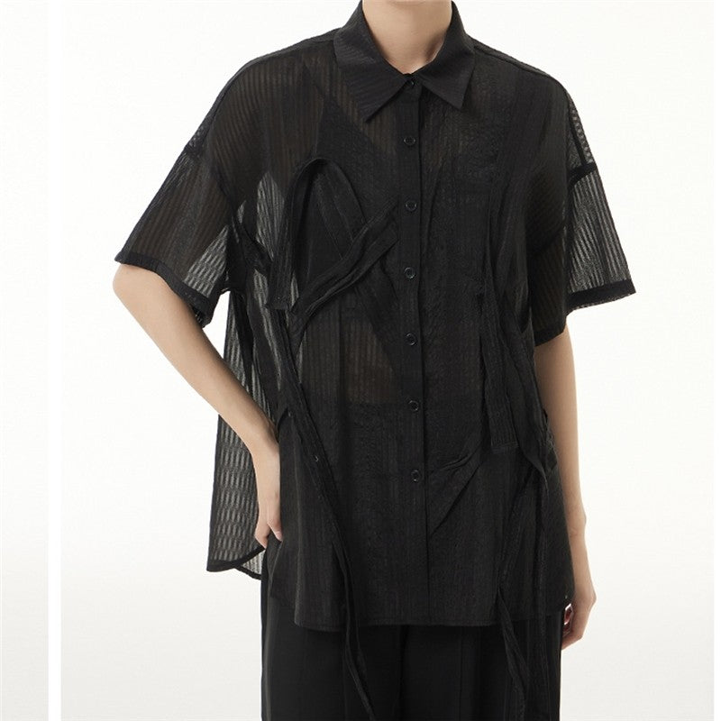 Solid Color Short Sleeve Shirt Collar See-Through Thin Casual Loose Blouse