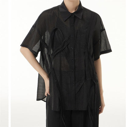 Solid Color Short Sleeve Shirt Collar See-Through Thin Casual Loose Blouse