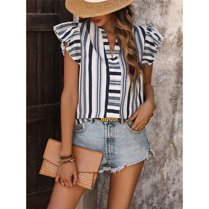 Contrast Striped Patchwork Ruffle Sleeve Pullover Shirt