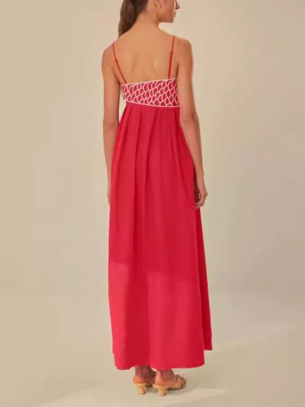 Embroidered Pleated Spaghetti Maxi Dress