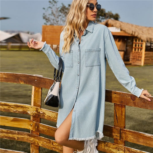 Solid Color Loose Casual Long Sleeve Raw Edge Dress