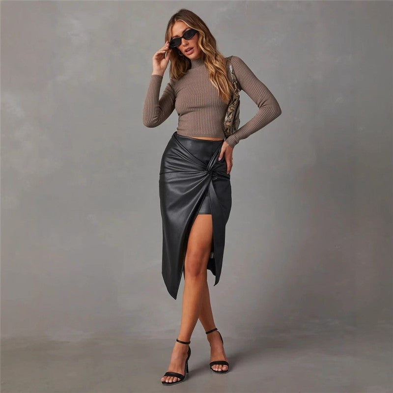PU High Waist Split Midi Pencil Skirt