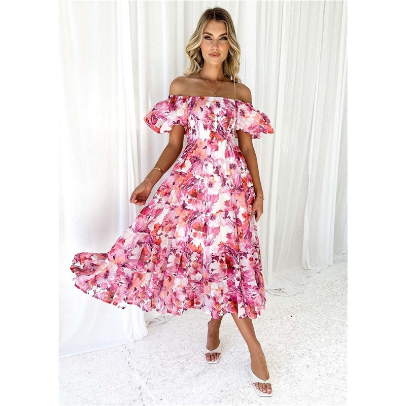 Boat Neck Short Sleeve Elastic Waist A-Line Long Dress