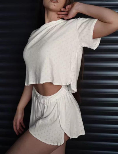 Simple Top Split Shorts Knit Loungerwear Set