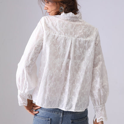 Embroidered Lace Ruffled Button Down Shirt