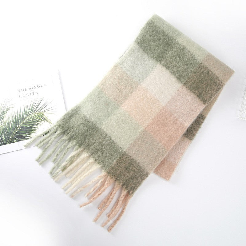 Cozy Color Block Plaid Fringed Knit Scarf