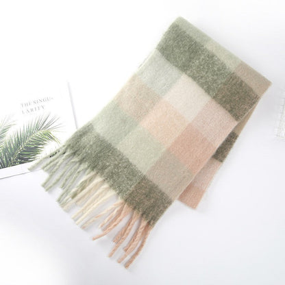 Cozy Color Block Plaid Fringed Knit Scarf