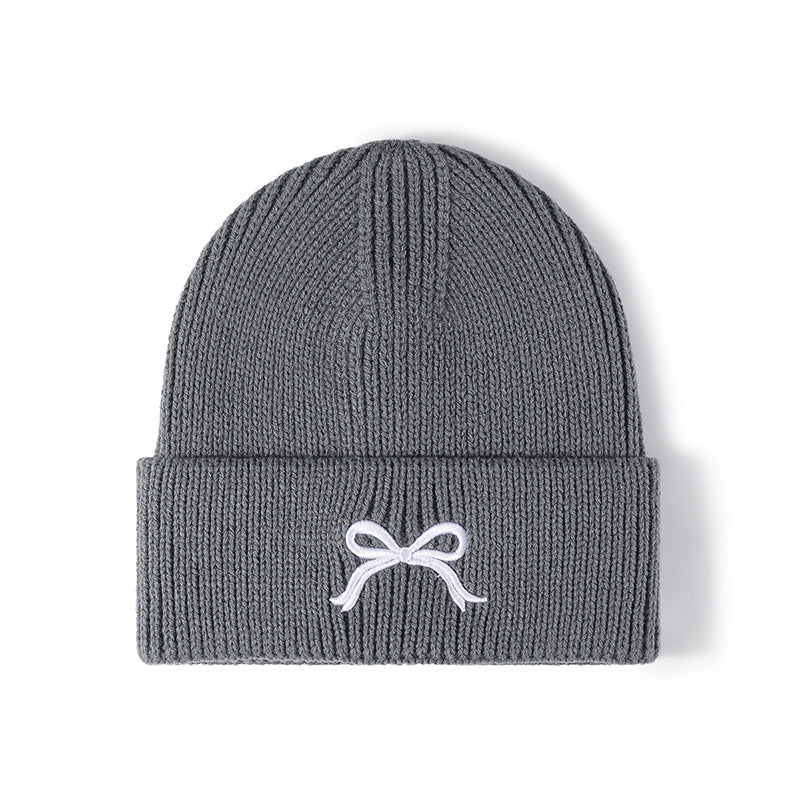 Cute Bow Embroidery Cuffed Thicken Knit Beanie