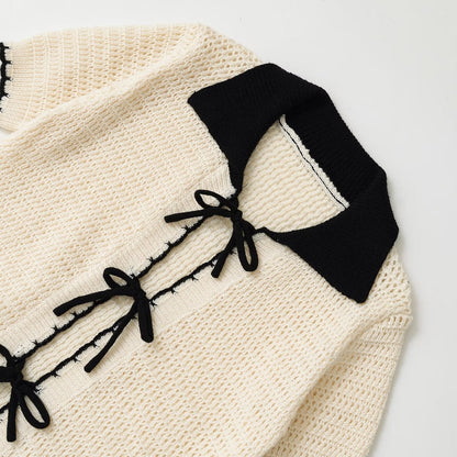 Color Block Bow Front Short Sleeves Knit Top