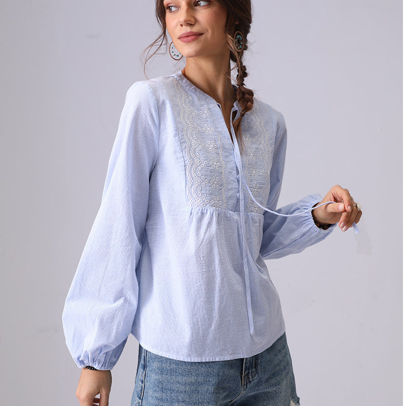 Striped Embroidered V-Neck String Shirt