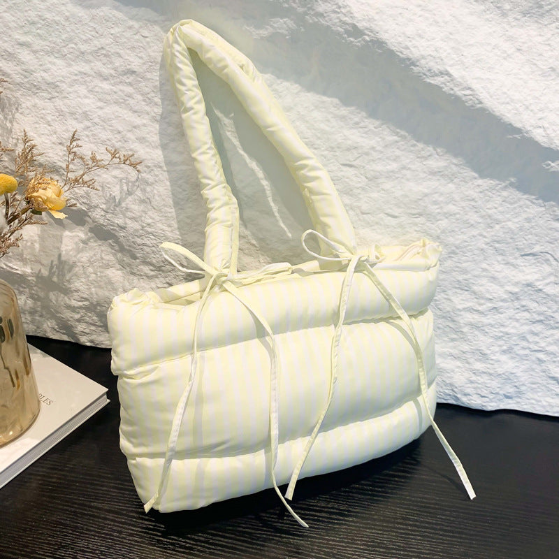 Striped Puffer Bow Knot Shoulder Handbag