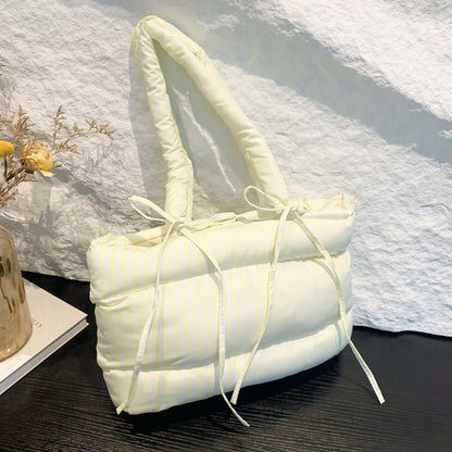 Striped Puffer Bow Knot Shoulder Handbag